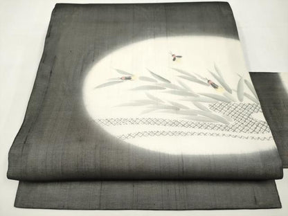 平和屋着物＊夏物　九寸名古屋帯　手描き　蛍　黒地　金彩　正絹　逸品　CABK1885tx