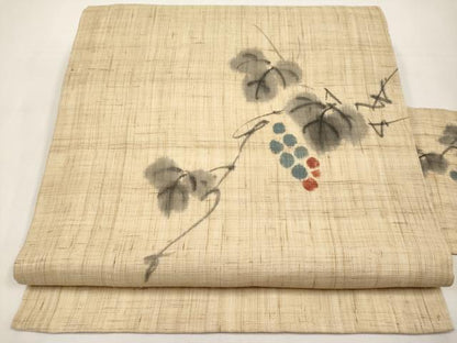平和屋着物＊夏物　九寸名古屋帯　手描き　葡萄蔦の葉文　麻　逸品　CABK1908tx