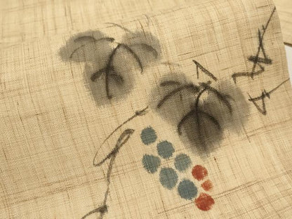 平和屋着物＊夏物　九寸名古屋帯　手描き　葡萄蔦の葉文　麻　逸品　CABK1908tx