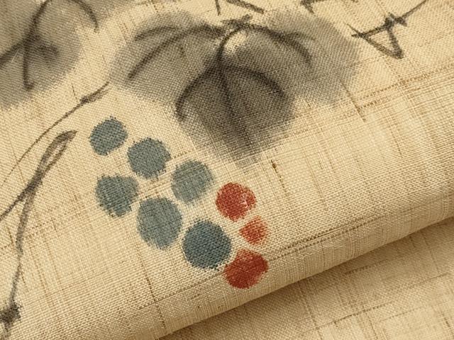 平和屋着物＊夏物　九寸名古屋帯　手描き　葡萄蔦の葉文　麻　逸品　CABK1908tx