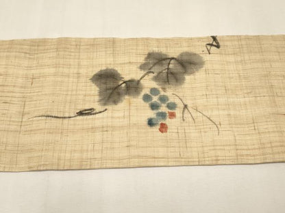 平和屋着物＊夏物　九寸名古屋帯　手描き　葡萄蔦の葉文　麻　逸品　CABK1908tx
