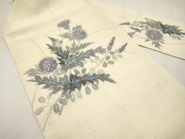 平和屋着物＊夏物　九寸名古屋帯　作家物　手描き　草花文　麻　逸品　CABK1909tx
