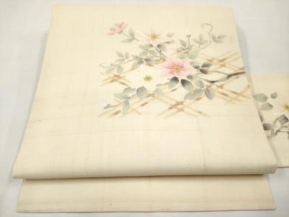 平和屋着物＊夏物　九寸名古屋帯　手描き　紬地　籬枝花文　正絹　逸品　未使用　CABK1913tx
