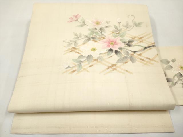 平和屋着物＊夏物　九寸名古屋帯　手描き　紬地　籬枝花文　正絹　逸品　未使用　CABK1913tx