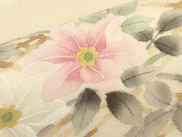 平和屋着物＊夏物　九寸名古屋帯　手描き　紬地　籬枝花文　正絹　逸品　未使用　CABK1913tx