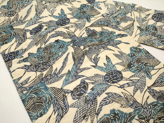 平和屋着物＊夏物　九寸名古屋帯　本場琉球紅型　藍　枝花文　麻　逸品　CABK1916tx