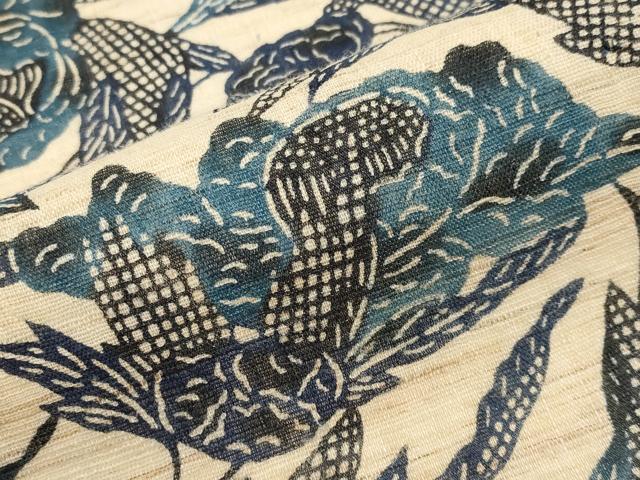 平和屋着物＊夏物　九寸名古屋帯　本場琉球紅型　藍　枝花文　麻　逸品　CABK1916tx