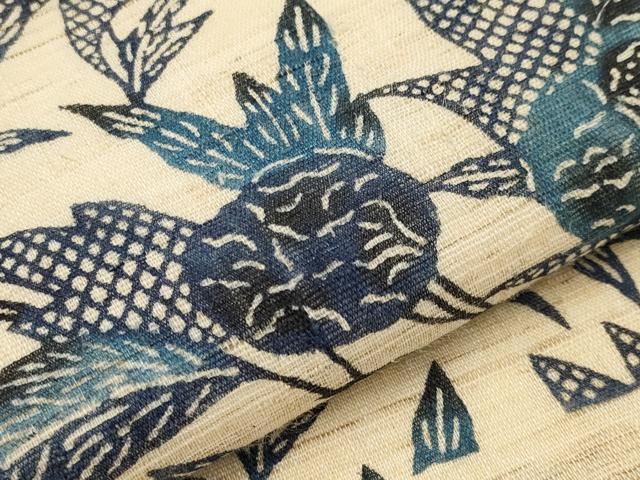 平和屋着物＊夏物　九寸名古屋帯　本場琉球紅型　藍　枝花文　麻　逸品　CABK1916tx
