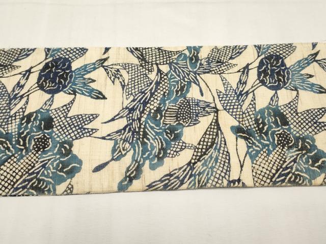 平和屋着物＊夏物　九寸名古屋帯　本場琉球紅型　藍　枝花文　麻　逸品　CABK1916tx
