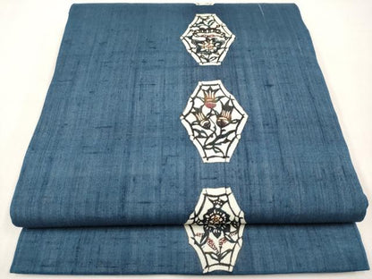平和屋着物＊夏物　九寸開き名古屋帯　作家物　紬地　型染　草花文　正絹　逸品　CABK1920tx