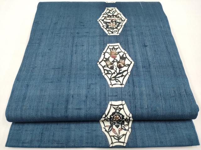平和屋着物＊夏物　九寸開き名古屋帯　作家物　紬地　型染　草花文　正絹　逸品　CABK1920tx