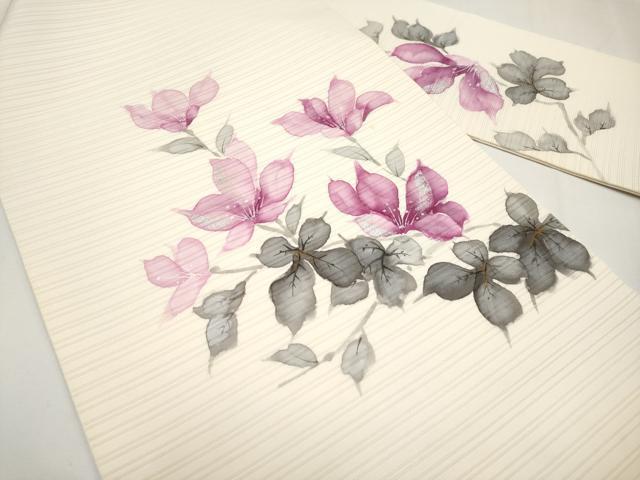 平和屋着物＊夏物　絽塩瀬　九寸名古屋帯　手描き　枝花文　銀彩　正絹　逸品　CABK1953tx