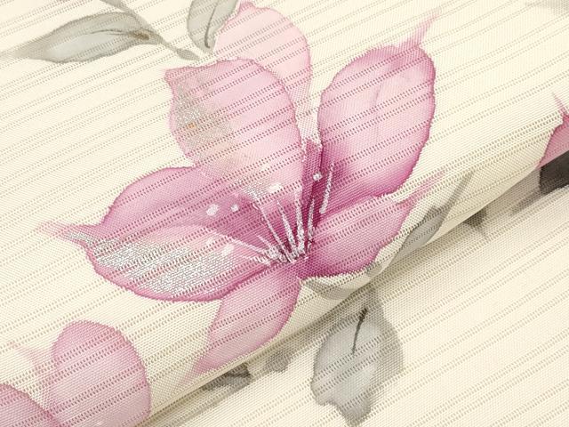 平和屋着物＊夏物　絽塩瀬　九寸名古屋帯　手描き　枝花文　銀彩　正絹　逸品　CABK1953tx