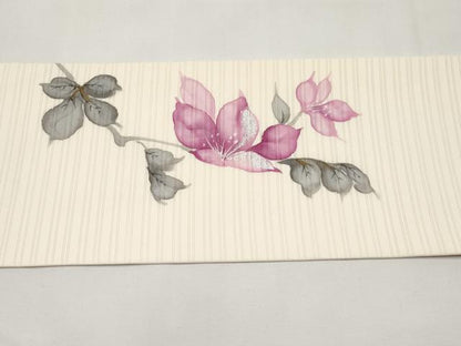 平和屋着物＊夏物　絽塩瀬　九寸名古屋帯　手描き　枝花文　銀彩　正絹　逸品　CABK1953tx