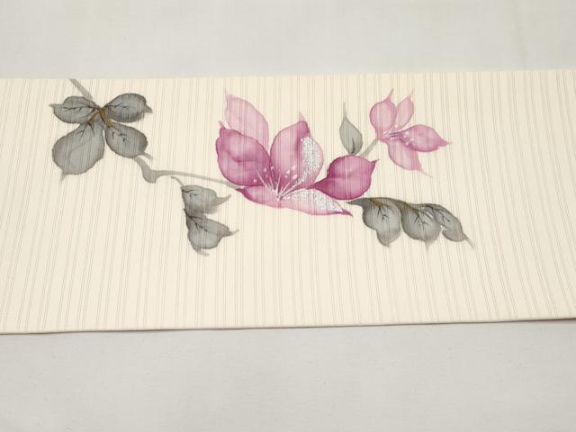 平和屋着物＊夏物　絽塩瀬　九寸名古屋帯　手描き　枝花文　銀彩　正絹　逸品　CABK1953tx