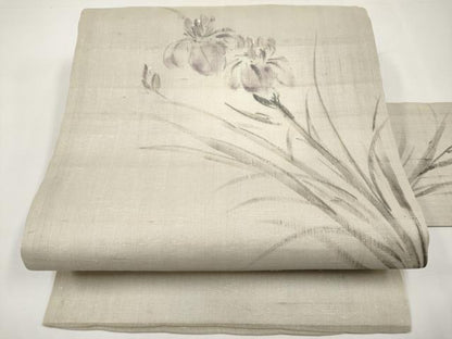 平和屋着物＊夏物　九寸名古屋帯　作家物　手描き　紬地　杜若　銀通し地　正絹　逸品　CABK1983tx