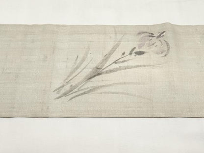 平和屋着物＊夏物　九寸名古屋帯　作家物　手描き　紬地　杜若　銀通し地　正絹　逸品　CABK1983tx