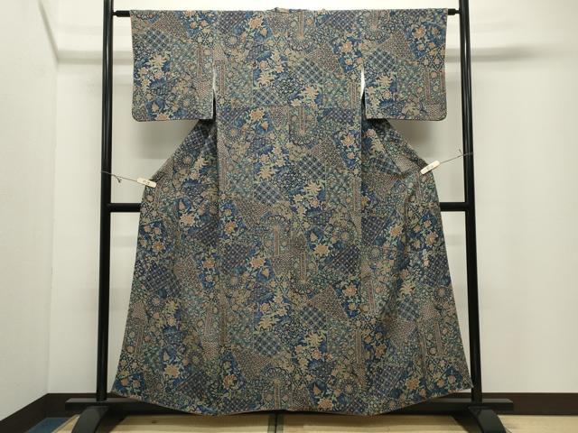 平和屋着物●二代目更甚　江戸更紗　小紋　切嵌更紗花唐草文　鬼しぼ縮緬　正絹　逸品　CABK2007gh