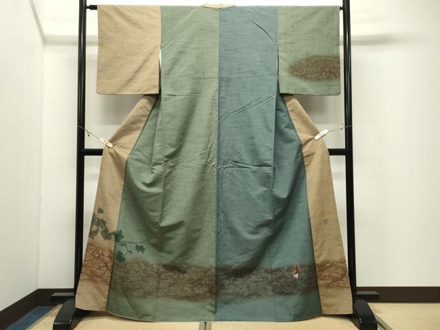 平和屋着物●訪問着　紬地　作家物　手描き　ろうけつ染　南天蔦の葉文　リス　正絹　逸品　CABK2013gh