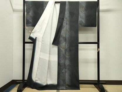 平和屋着物●江戸小紋　寄せ小紋柄　暈し染め　黒地　正絹　逸品　未使用　CABK2017gh