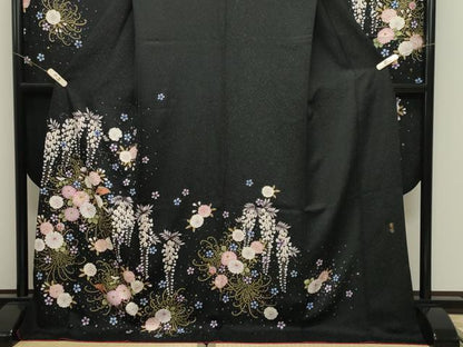 平和屋着物●世界的ファッションデザイナー山本寛斎kansaiブランド振袖刺繍簪花文黒地金彩銀通し地京都きもの友禅扱い正絹逸品CABK2019gh