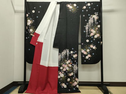 平和屋着物●世界的ファッションデザイナー山本寛斎kansaiブランド振袖刺繍簪花文黒地金彩銀通し地京都きもの友禅扱い正絹逸品CABK2019gh