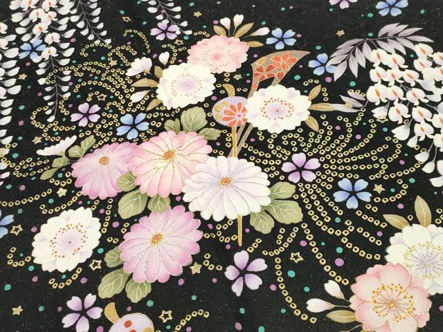 平和屋着物●世界的ファッションデザイナー山本寛斎kansaiブランド振袖刺繍簪花文黒地金彩銀通し地京都きもの友禅扱い正絹逸品CABK2019gh