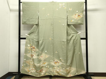 平和屋着物●訪問着　作家物　駒刺繍　菱草花文　暈し染め　金彩　正絹　逸品　CABK2056gh