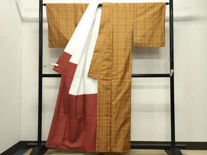 平和屋着物●黄八丈　紬　平織　繭美　格子柄　証紙付き　正絹　逸品　CABK2064gh