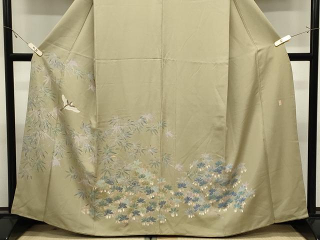 平和屋着物●十日町　加賀草木友禅の第一人者　田村哲彦　訪問着　尾長鳥枝葉文　正絹　逸品　CABK2087gh