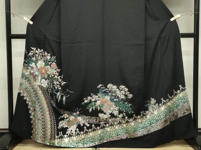 平和屋着物●豪華黒留袖　螺鈿　花瓶　金銀彩　正絹　逸品　CABK2097gh