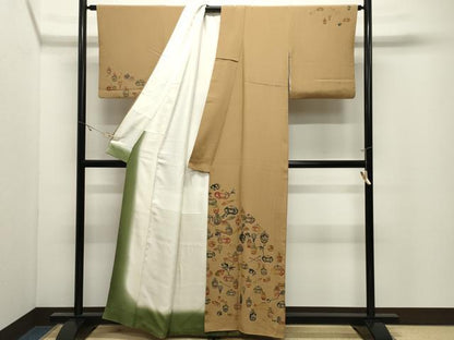 平和屋着物●訪問着　型染め　仕覆花文　正絹　逸品　CABK2106gh
