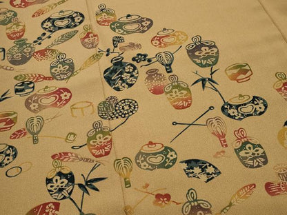 平和屋着物●訪問着　型染め　仕覆花文　正絹　逸品　CABK2106gh