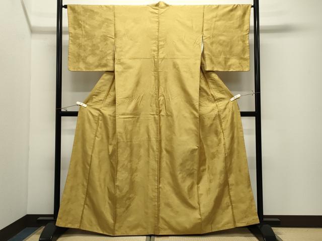 平和屋着物●上質なお召　色無地　舞花地紋　芥子色　正絹　逸品　CABK2132gh
