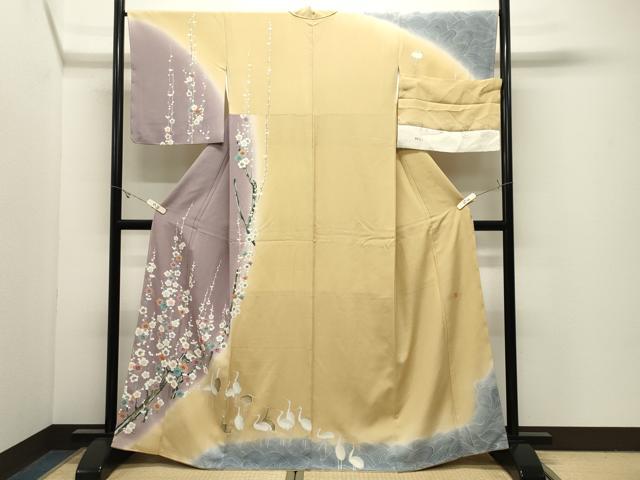 平和屋着物●訪問着　作家物　群鶴枝梅文　暈し染め　金彩　反端付き　正絹　逸品　CABK2184gh