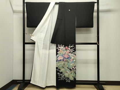 平和屋着物●本加賀友禅作家　染元千紅代表　寺西一紘　黒留袖　飛鳥花籠文　正絹　逸品　未使用　CABK2199gh