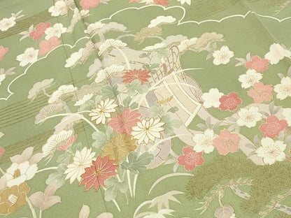 平和屋着物●訪問着　駒刺繍　御所車花文　金彩　正絹　逸品　CABK2233gh