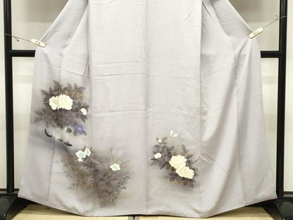平和屋着物●訪問着　手描き　猫　牡丹花文　暈し染め　金彩　正絹　逸品　CABK2234gh