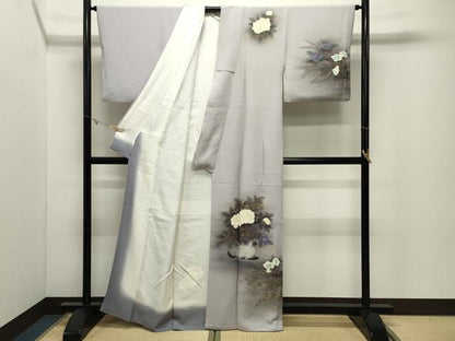 平和屋着物●訪問着　手描き　猫　牡丹花文　暈し染め　金彩　正絹　逸品　CABK2234gh