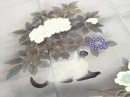 平和屋着物●訪問着　手描き　猫　牡丹花文　暈し染め　金彩　正絹　逸品　CABK2234gh