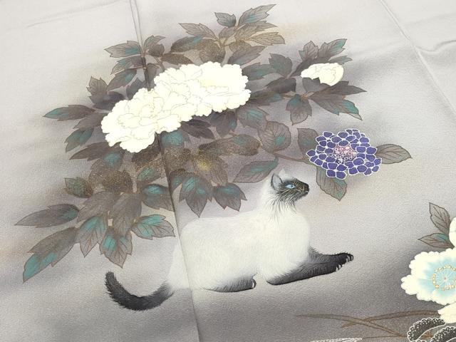 平和屋着物●訪問着　手描き　猫　牡丹花文　暈し染め　金彩　正絹　逸品　CABK2234gh