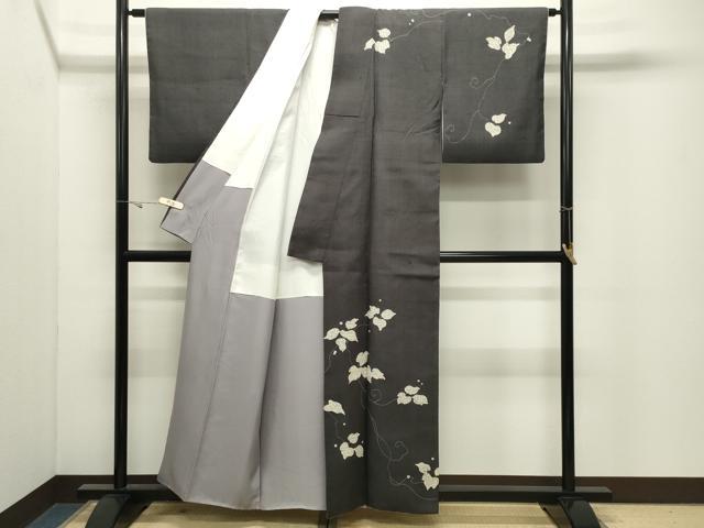 平和屋着物●訪問着　紬地　一珍染　葡萄蔦の葉文　正絹　逸品　CABK2235gh