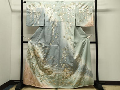 平和屋着物●訪問着　駒刺繍　草花文　暈し染め　金銀彩　正絹　逸品　CABK2244gh