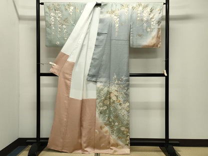平和屋着物●訪問着　駒刺繍　草花文　暈し染め　金銀彩　正絹　逸品　CABK2244gh