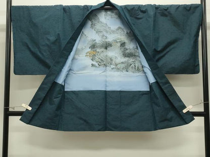 平和屋着物●男性　紬　髭紬羽織セット　色無地　藍色　正絹　逸品　CABK2250gh