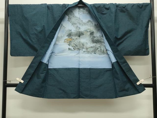 平和屋着物●男性　紬　髭紬羽織セット　色無地　藍色　正絹　逸品　CABK2250gh