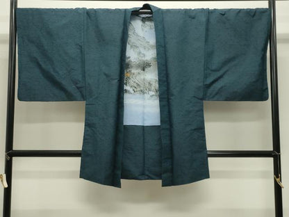 平和屋着物●男性　紬　髭紬羽織セット　色無地　藍色　正絹　逸品　CABK2250gh
