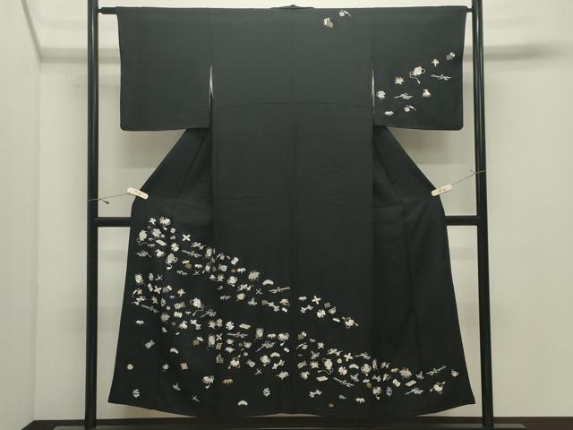 平和屋着物●訪問着　総刺繍　宝尽くし文　黒地　金糸　正絹　逸品　CABK2251gh