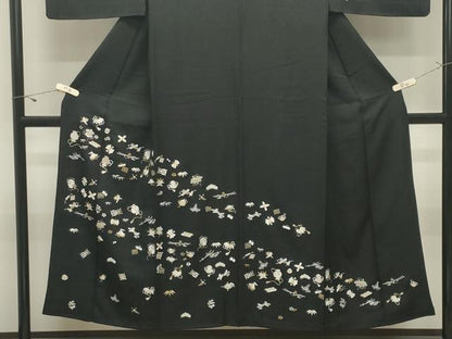 平和屋着物●訪問着　総刺繍　宝尽くし文　黒地　金糸　正絹　逸品　CABK2251gh
