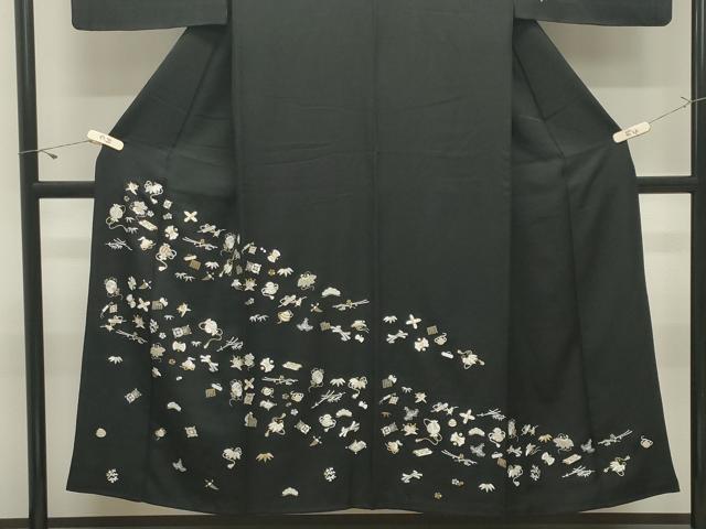 平和屋着物●訪問着　総刺繍　宝尽くし文　黒地　金糸　正絹　逸品　CABK2251gh